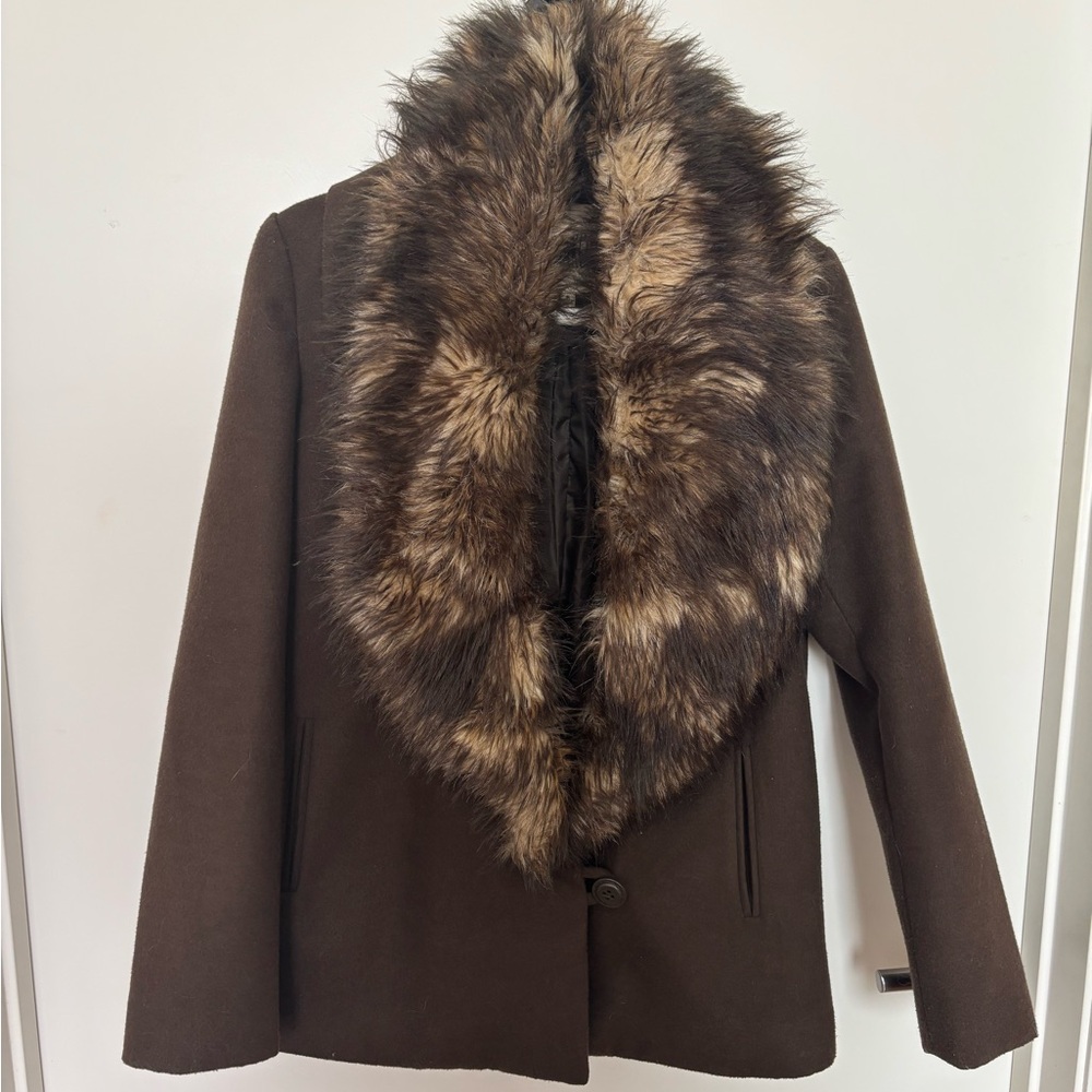 Brown Faux Fur Trimmed Women's Coat